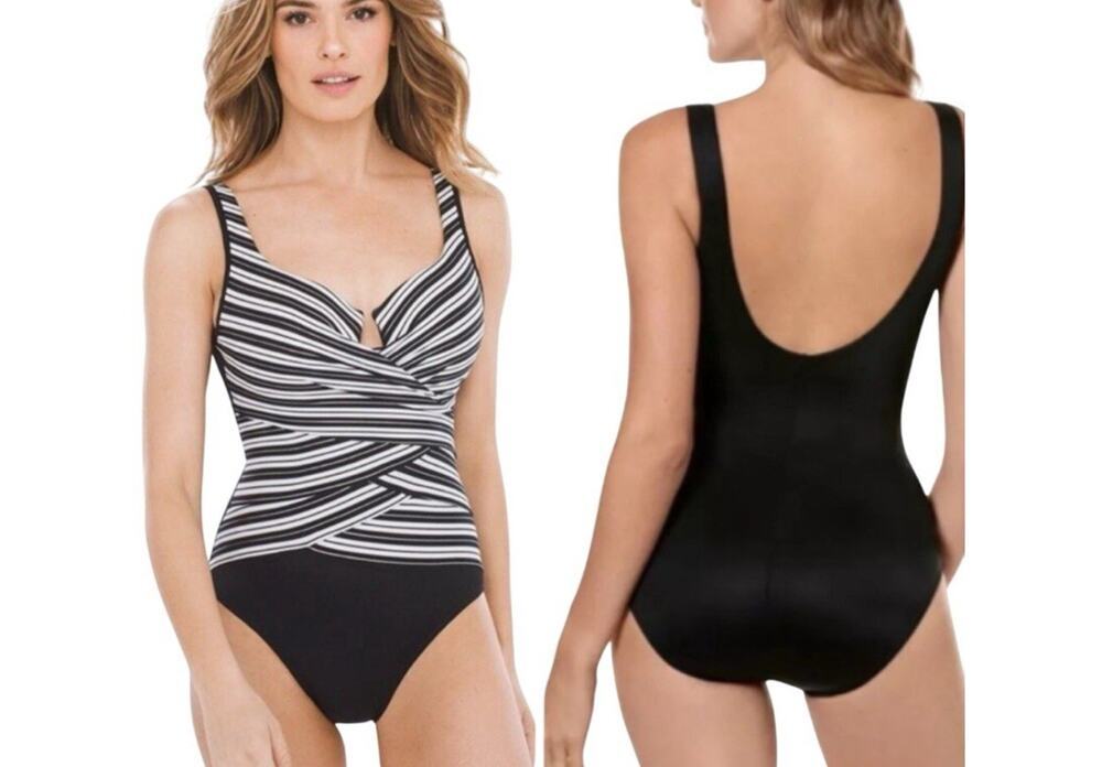 MIRACLESUIT Mayan Stripe Escape One Piece Swimsuit Black White Slimming Size 18 - Picture 2 of 8